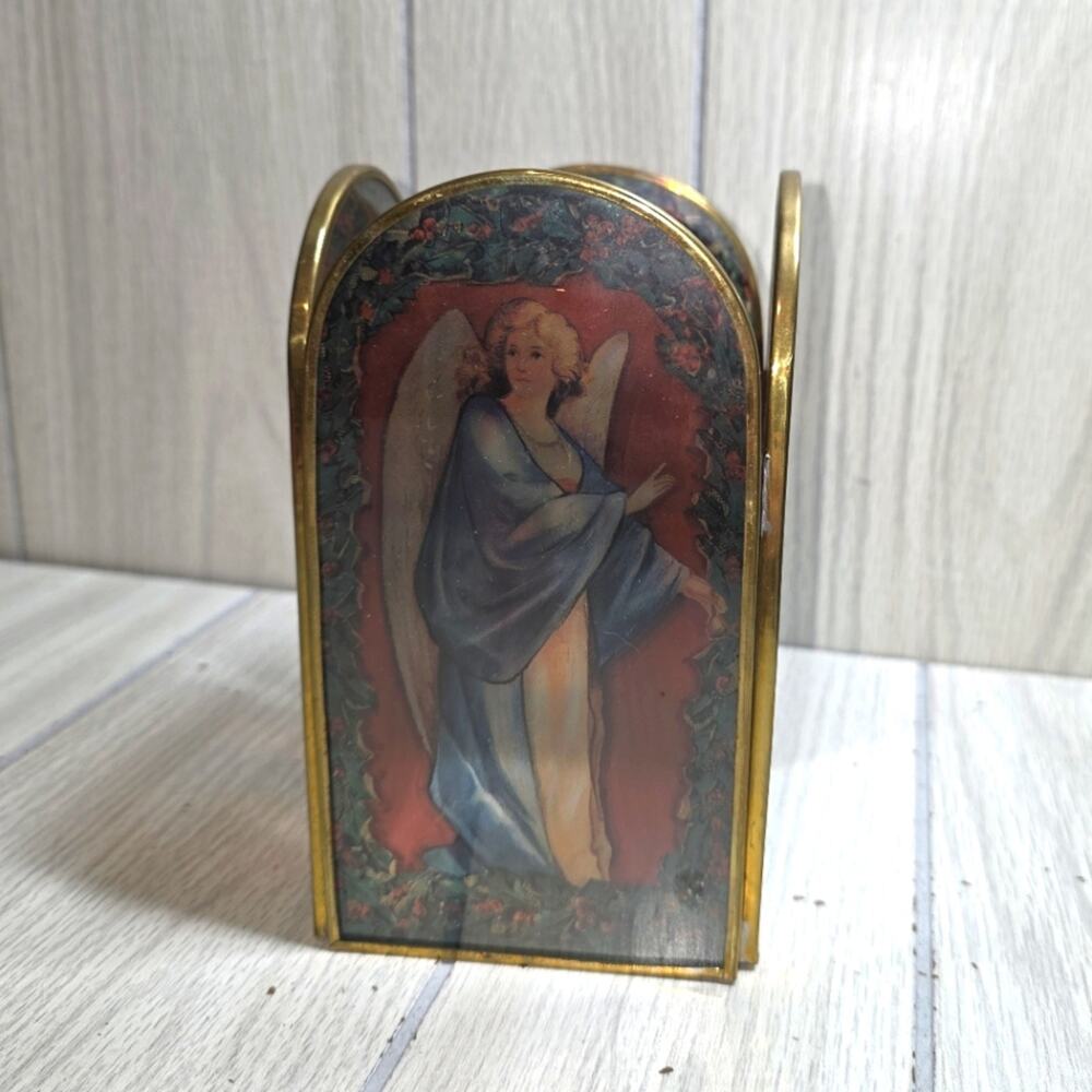 Vtg Renaissance Angel Stained Glass Tea Light Shade Religious Glow Christmas
